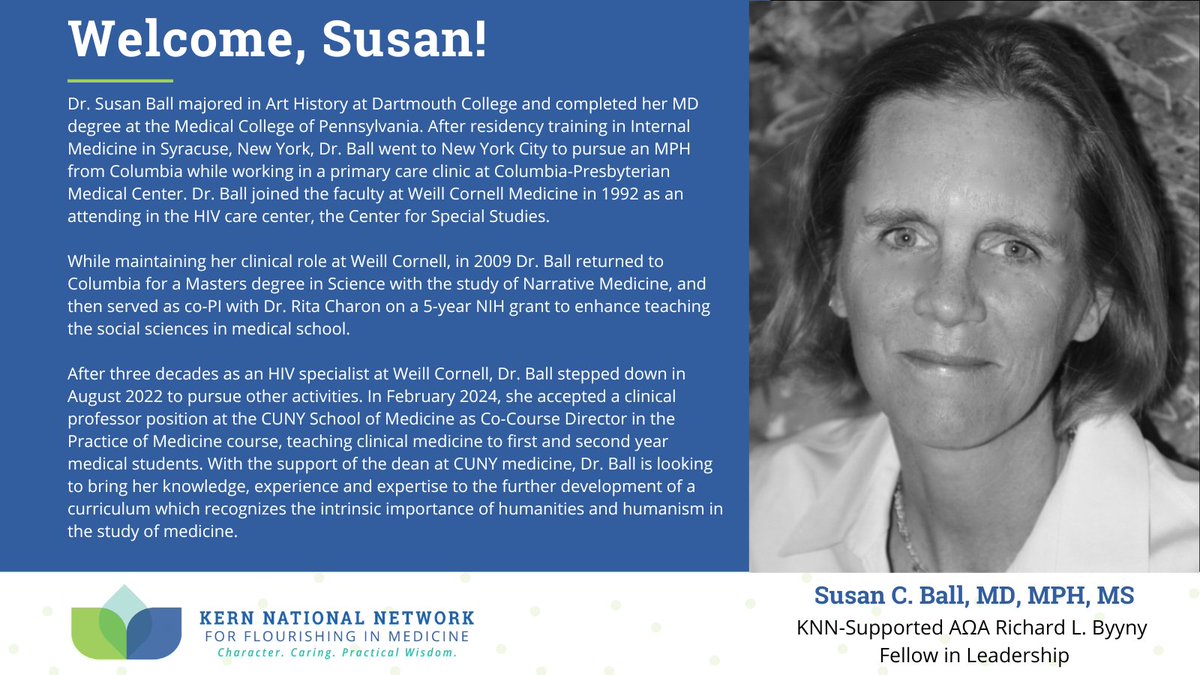 KernNetwork's tweet image. This week, the KNN will be sharing posts related to fellowships.

We’re excited to recognize Susan Ball, MD, MPH, as the 25-26 AΩA Richard L. Byyny Fellow in Leadership! Dr. Ball will embark on a year-long project surrounding leadership for flourishing in medicine and healthcare.