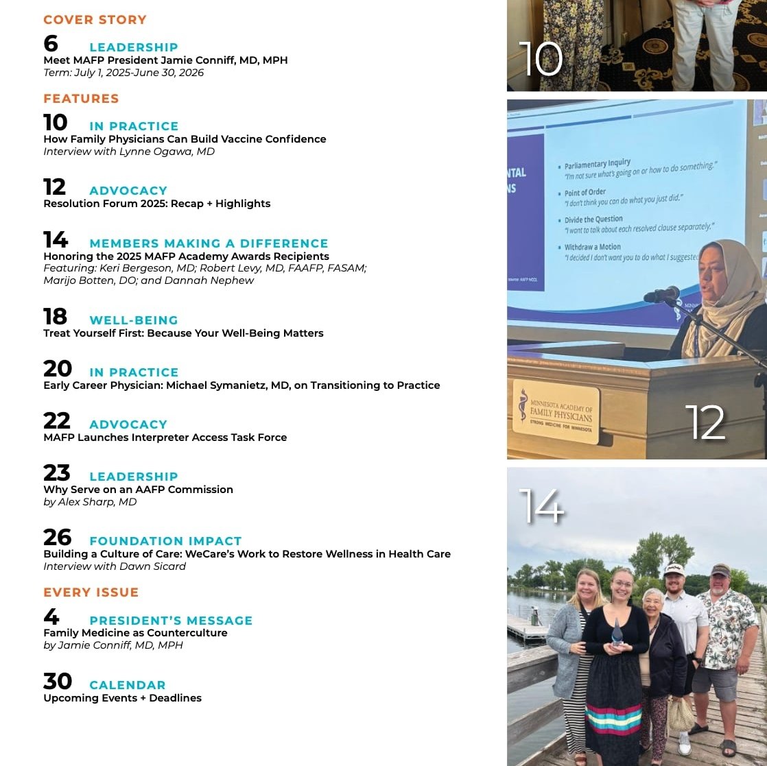 The latest issue of #MNFamilyPhysician is online + hitting mailboxes soon!

INSIDE:
➡️ Meet MAFP Pres. Jamie Conniff, MD, MPH
➡️ Build Vaccine Confidence
➡️ 2025 Academy Award Honorees
➡️ Interpreter Access, Well-Being, Early Career + more

mydigitalpublication.com/publication/?m…

#primarycare
