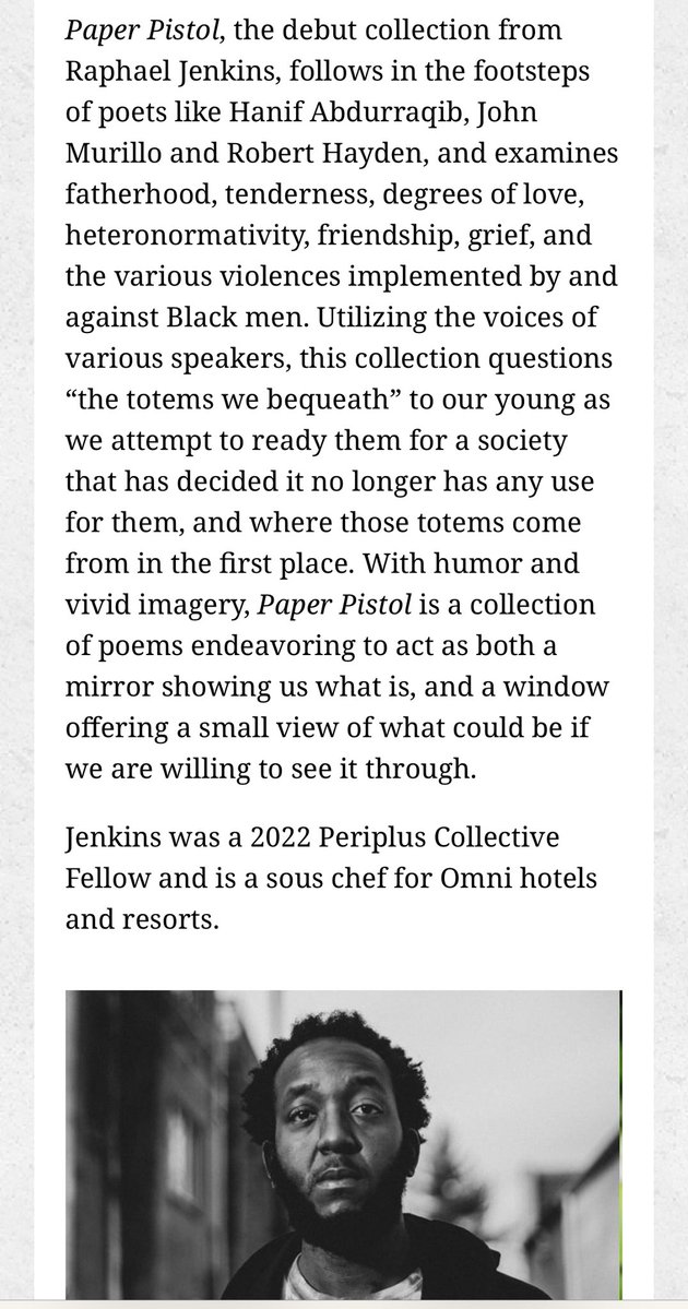 Roy G. Biv (@ralpheeboi) on Twitter photo 🚨🚨🚨PUBLICATION NEWS!🚨🚨🚨
Transcendent American poet <a href="/pswordwoman/">Patricia Smith</a> selected my debut full-length poetry collection
🔫 PAPER PISTOL 🔫 as a finalist for the Miller Williams Poetry Prize.
It will be released early 2026 by <a href="/uarkpress/">Univ. of Arkansas Press</a>
I am excited af!!! 🚨🚨🚨PUBLICATION NEWS!🚨🚨🚨
Transcendent American poet <a href="/pswordwoman/">Patricia Smith</a> selected my debut full-length poetry collection
🔫 PAPER PISTOL 🔫 as a finalist for the Miller Williams Poetry Prize.
It will be released early 2026 by <a href="/uarkpress/">Univ. of Arkansas Press</a>
I am excited af!!!