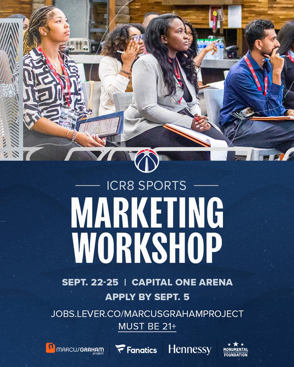 WashWizards's tweet image. 🤝 We're teaming up with @Fanatics and @Hennessy to host the Marcus Graham Project’s iCR8 Sports Marketing Workshop.
If you're based in the DMV area & have a passion for sports marketing, applications are open!
📥 Apply here: bit.ly/3GUXGZE