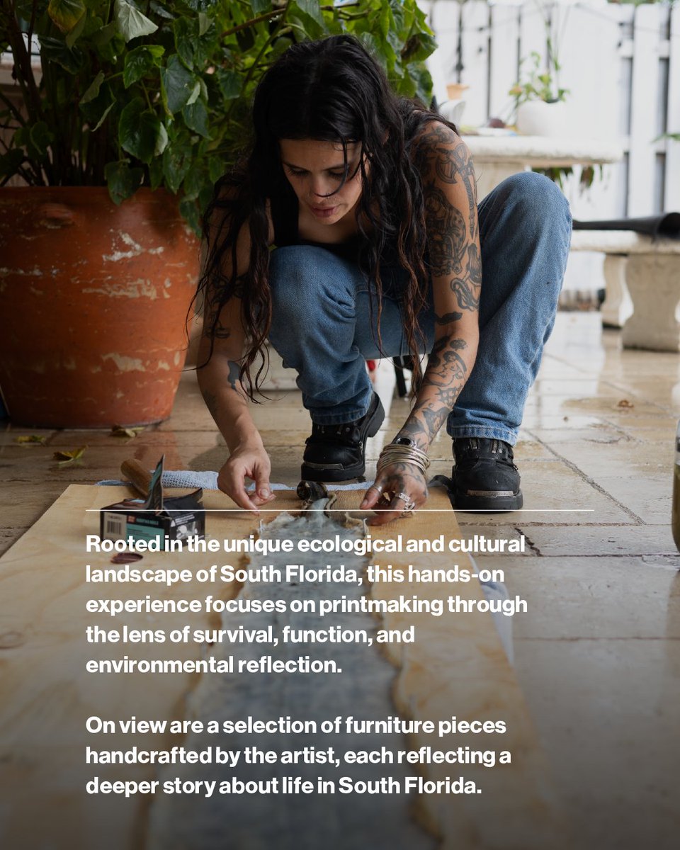 pamm's tweet image. Join us July 27 | 1–3 pm for Local Views at the Art Station: Debris and Leather with Florida’s River of Grass. 🌾🐍
Be a part of this hands-on collagraph snakeskin workshop with Miami-born artists Elle Barbeito and Noah Cribb.
Click the link in bio to learn more and RSVP.