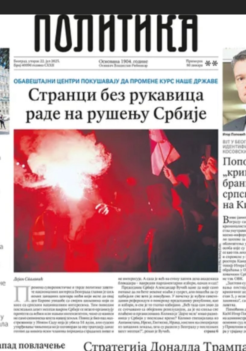 Serbia’s oldest newspaper, fully controlled by Serbian gov, front page tomorrow: “Foreigners without gloves working on destruction of Serbia”.  Huge propaganda wave in recent days against 🇩🇪 🇫🇷 🇬🇧, accusing their secret services of working with students on a coup against Vucic 🤷‍♂️