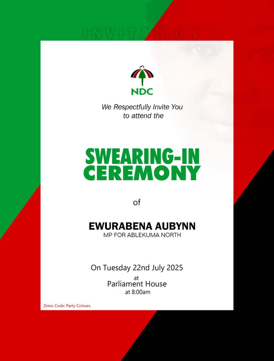 eaaubynn's tweet image. I shall be sworn into office at the Parliament House tomorrow at 8am prompt. 

My Journey in parliament, representing the good people of Ablekuma North officially begins tomorrow Tuesday 22nd of July 2025. 

… so help me God.

#resettingablekumanorth
#ewurabenaaubynn
#notmeus
