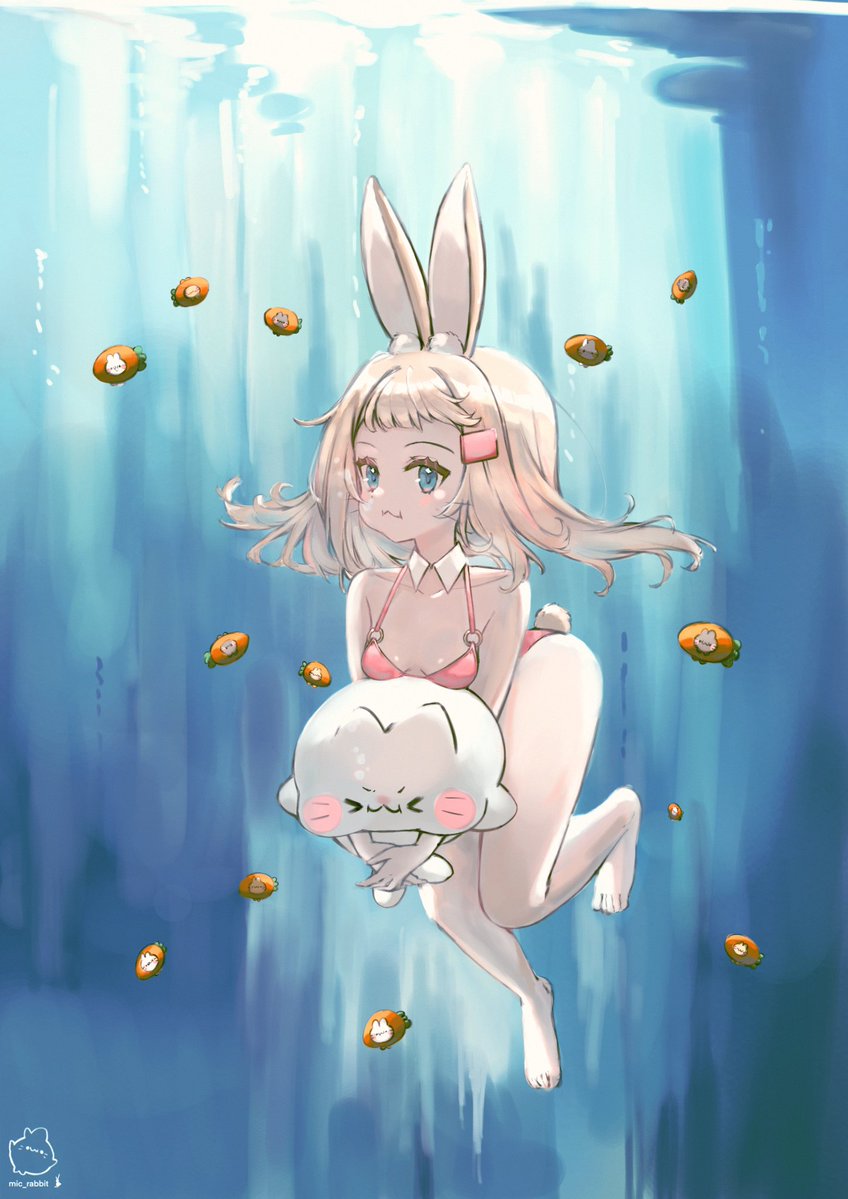 mic_rabbit's tweet image. The Summer mugi with our carrot buns on twitch in the water illust is finally completed 🎉. Thank yall for helping me reach my first follower goal on twitch. #mugimrbt
btw my free stickers are still available on my vgen shop vgen.co/mic_rabbit/shop