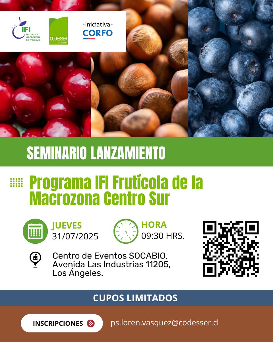 CodesserC's tweet image. #CodesserInforma: Seminario Lanzamiento del Programa IFI Frutícola de la Macrozona Centro Sur. 
➡️Este 31 de julio, a las 9:30 horas será el lanzamiento de este programa que busca promover una fruticultura #sostenible y #resiliente. 
🟢 Inscripciones aquí: lu.ma/ne396t9e