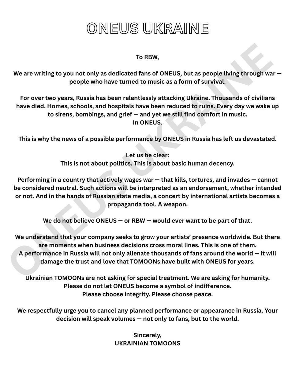 oneus_ukraine's tweet image. We will be very grateful for your cooperation, this performance cannot take place! 🙏🏻

#ONEUSDontSupportTerrorists #RBW #ONEUS