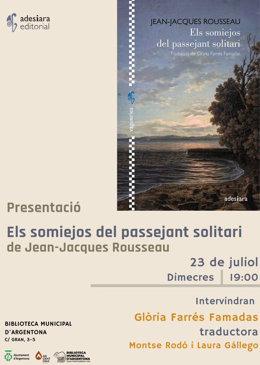 ADESIARAEDITORI's tweet image. El nostre passejant solitari més insigne continua somiejant pel país, molt ben acompanyat per la seva traductora. Dimecres, a les 19 h, serà a la Biblioteca Municipal d’Argentona, on la professora @gloriargent presentarà aquesta obra immortal. No hi falteu!