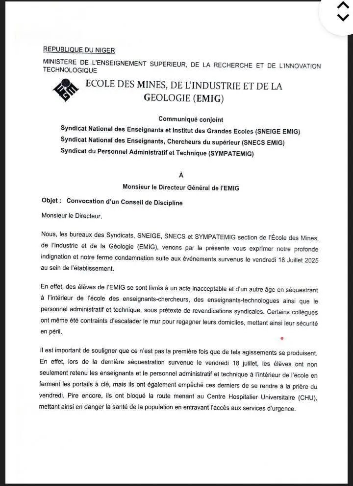 MahamadouBrah67's tweet image. #Niger #EMIG || Les syndicats de l’EMIG condamnent fermement les récents actes de violence perpétrés par certains étudiants et demandent la convocation urgente d’un Conseil de discipline.⤵️