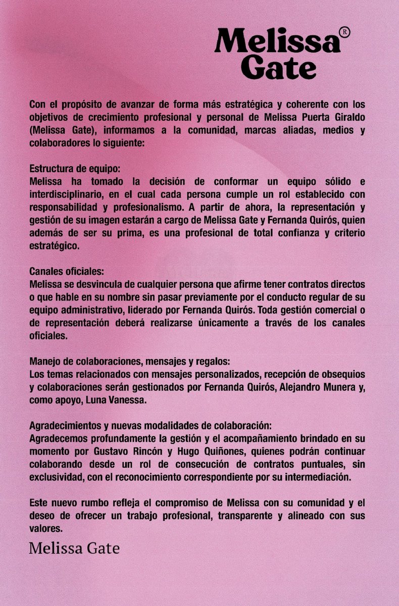 Comunicado de Melissa Gate 👑🖤
#PandillaGateX 
#PandillaGate