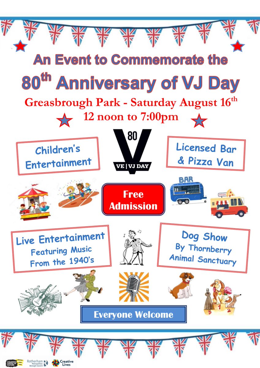 RockinghamJI's tweet image. Celebrate and commemorate the 80th Anniversary at Greasbrough Park, Saturday the 16th of August. Join in the celebrations together as a community.