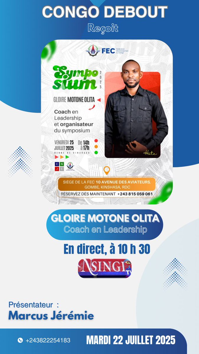 MuyumbaJr's tweet image. En marge de l'activité de ce vendredi, Me. @GloireMotone, réponds à toutes les questions liées au "Symposium 2025" à la chaîne NSINGI TV à partir de 10H heure de Kinshasa 🔥
Veuillez nous suivre pour ne rien rater sur ce qui va se passer le vendredi 25 juillet 🔥 👏
@JAsepeB