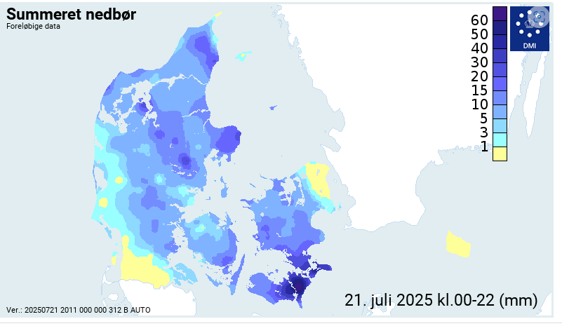 Nyeste tal - Ved Bjørup, nær Nykøbing Falster, er der de seneste 6 timer nu faldet mere 60mm regn og der kommer mere regn sydfra. Grenaa og Voerså Hede, nær Frederikshavn, har også meldt sig på banen med mere end 20mm regn på 6 timer
