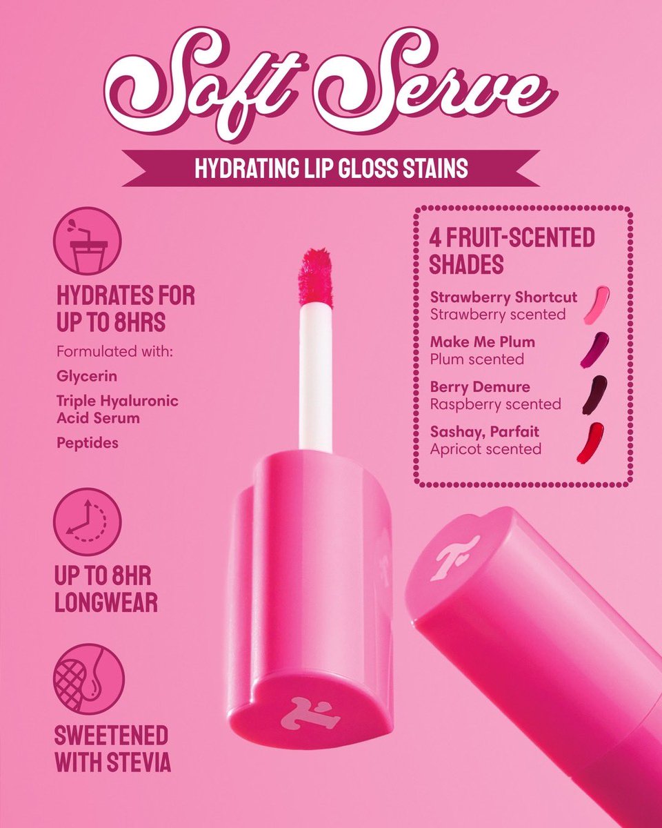 TrixieCosmetics's tweet image. Meet our brand new Soft Serve Hydrating Lip Gloss Stains 🍦💋🍓
This 2-in-1 lip gloss and stain offers hydration and leaves behind a stain of color that lasts up to 8 hours!
Launching this Thursday (07/24) at 10AM PT on trixiecosmetics.com 💖