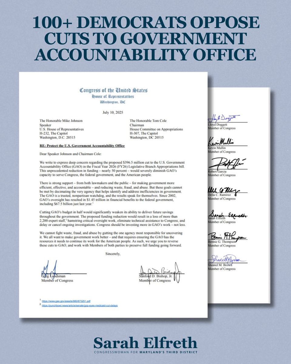 RepSarahElfreth's tweet image. Republicans claim to be eliminating 'waste, fraud, and abuse,’ yet their appropriations bill includes a 50% cut to the Government Accountability Office – the designated watchdog agency for limiting wasteful spending in the government. The GAO has saved nearly $1.45 trillion for…