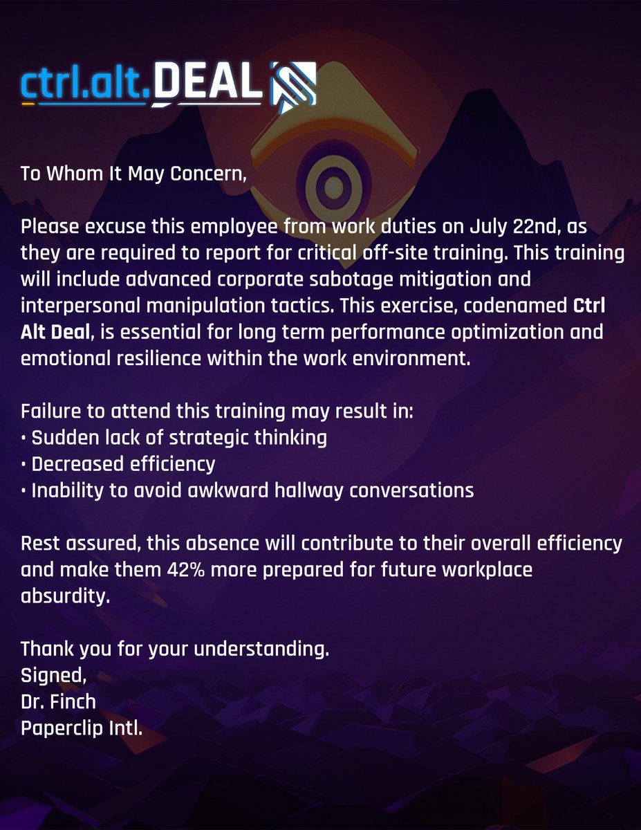 OnlyByMidnight's tweet image. In preparation for the launch of Ctrl Alt Deal tomorrow, make sure to hand this Doctors note to your supervisor. 

#IndieDev #IndieGame #Turnbased #Strategy