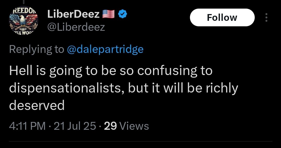 lipscomb_703's tweet image. Since you constantly troll Dispensationalism, do you agree with this sentiment, @dalepartridge? I have yet to see you counter these sort of comments on your posts.