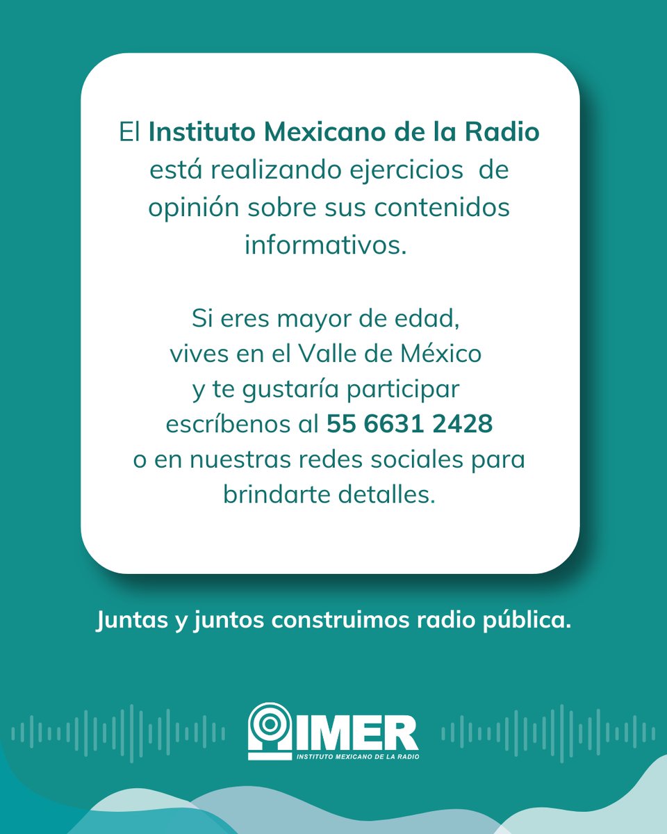 Queremos saber qué piensas. Si vives en el Valle de México y quieres aportar tu opinión, te invitamos a que participes con nosotros. Contáctanos vía WhatsApp y ayúdanos a fortalecer la radio pública. bit.ly/WhatsAppIMER