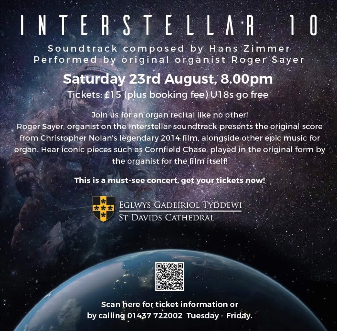 St Davids Cathedral (@stdavidscath) on Twitter photo Come and hear the Hans Zimmer Interstellar soundtrack played on the cathedral’s Willis organ by <a href="/rogersayerorgan/">Roger Sayer</a> the organist on the original movie soundtrack. Tickets available via QR code below 👇 Come and hear the Hans Zimmer Interstellar soundtrack played on the cathedral’s Willis organ by <a href="/rogersayerorgan/">Roger Sayer</a> the organist on the original movie soundtrack. Tickets available via QR code below 👇