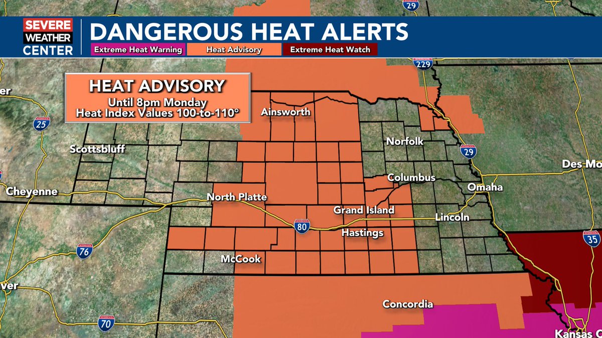 NEStatePatrol's tweet image. Stay alert Nebraska! A heat advisory is in place until 8 p.m.☀ ✨Have your weather alerts turned on and stay tuned to local media for updates!