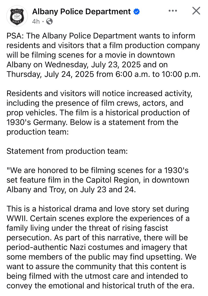 JonCampbellNY's tweet image. The Albany Police Department wants you to know: The people who will be wearing Nazi stuff in downtown Albany this week are filming a movie.