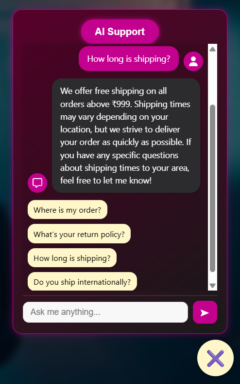 🎉 Chatbot glow-up! v2 is LIVE 🤖✨

Brand new look + smarter replies.

Now answers with quick preset questions, sharper accuracy, and a smooth, human touch.

Try it 👉 aichat-support.netlify.app

Ready to level-up support? DM us!

#ecommerce #aichatbot