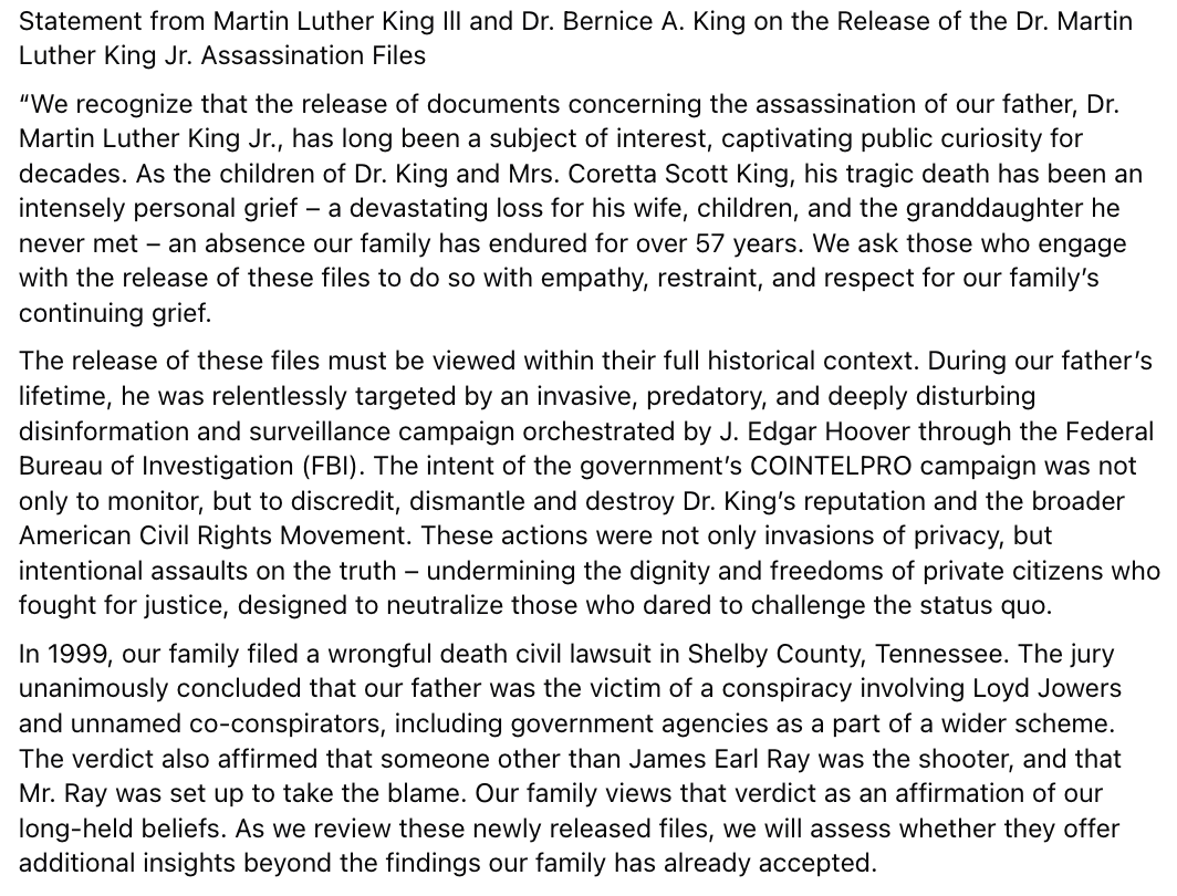 Phil_Lewis_'s tweet image. A statement from Dr. Martin Luther King's family on the release of the records:
"During our father’s lifetime, he was relentlessly targeted by an invasive, predatory, and deeply disturbing disinformation and surveillance campaign orchestrated by J. Edgar Hoover through the FBI"