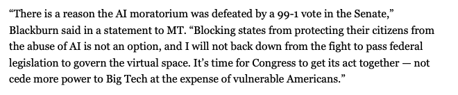 zamaan_qureshi's tweet image. Really strong quote here from Senator @MarshaBlackburn pushing back on latest attempts to ban states from writing AI regs. She told Politico Morning Tech: “Blocking states from protecting their citizens from the abuse of AI is not an option."