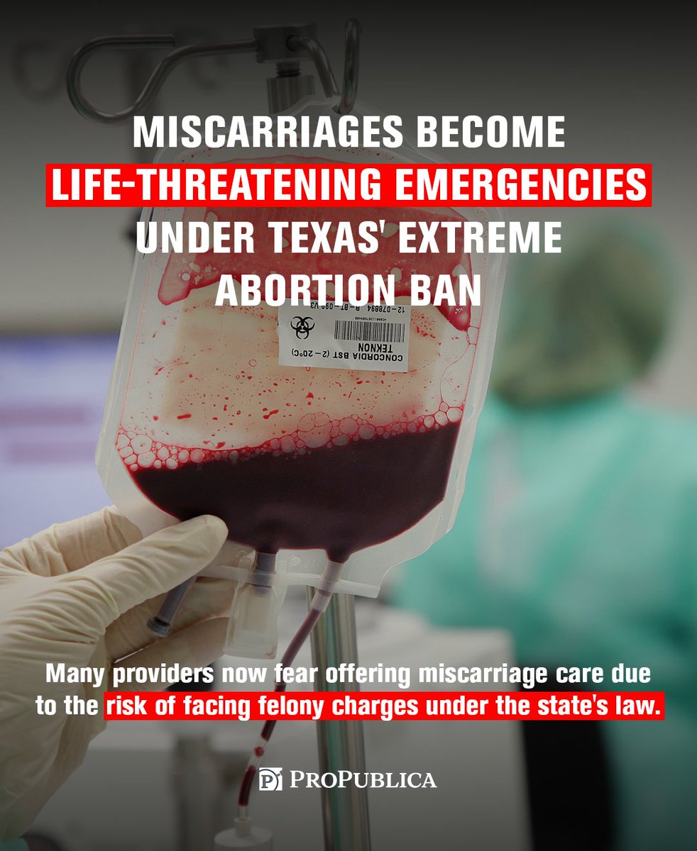 reproforall's tweet image. Texas bans abortion at all stages—turning common miscarriages into life-threatening emergencies.
Patients are denied care, sent home bleeding, and return only when it’s nearly too late—or even fatal.
Abortion bans help no one. They only cause harm.
propublica.org/article/texas-…