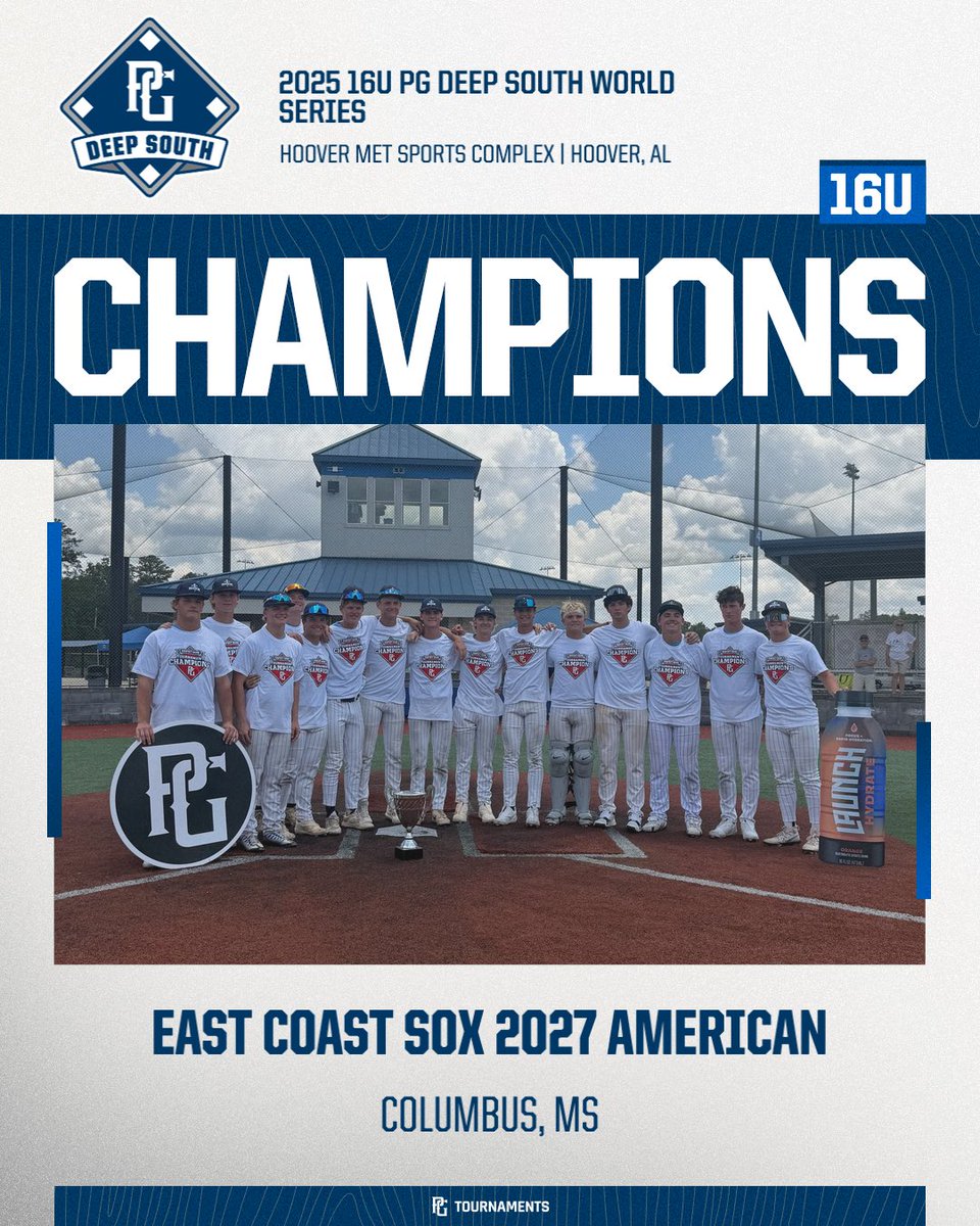PG_DeepSouth's tweet photo. 2025 16U PG Deep South World Series 🏆
🥇 Champion: East Coast Sox 2027 American
🥈 Finalist: USA Prime SE - Select 16U
🏅 MVP: Jace Riggan
🏅 MVPitcher(Not Pictured): Tucker Rice https://t.co/J3TlUAs94v
