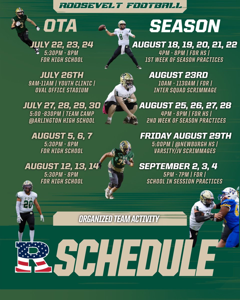 CoachKenBarger's tweet image. 🚨 Roosevelt Football is BACK! 🏈💚💛
From OTAs to Team Camp to Varsity Scrimmages — the grind starts NOW!
📅 Full schedule is locked from July 22 through the first week of school!
Let’s work. Let’s compete. Let’s WIN. 🔥
#RooseveltFootball #ChasingGreatness #HydeParkPride