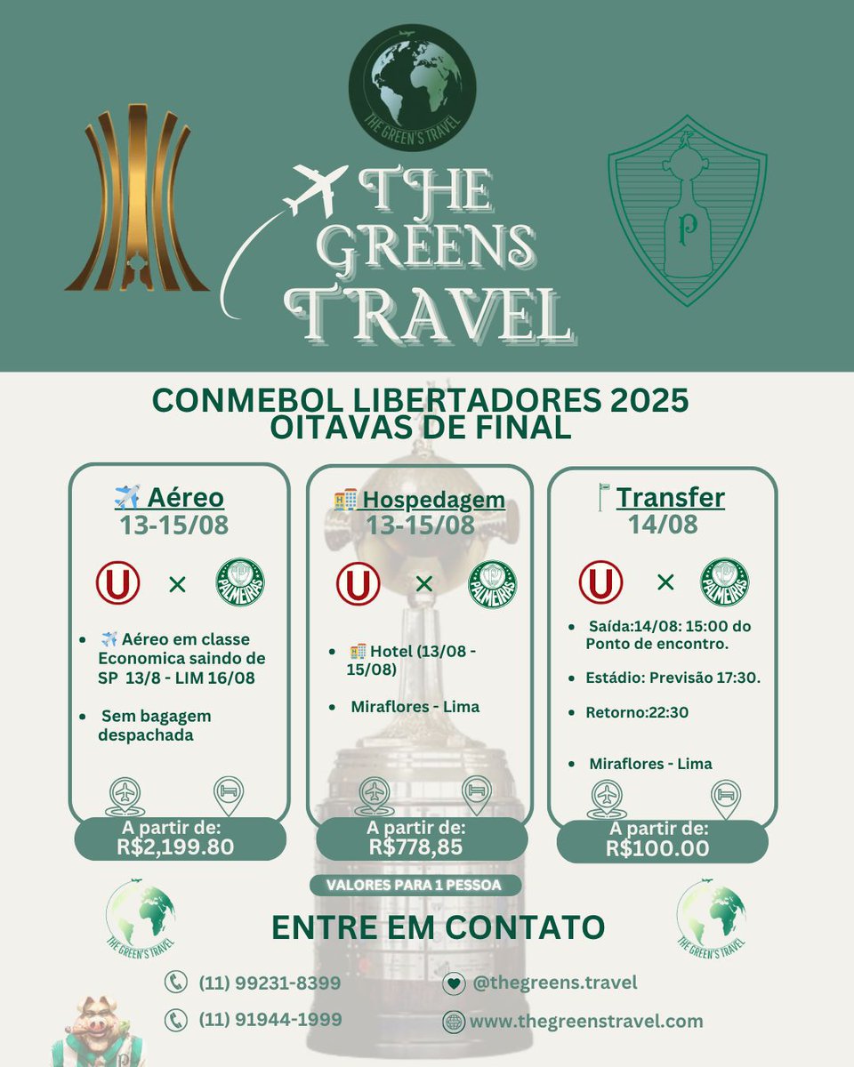 TheGreensTravel's tweet image. 🇵🇪⚽ Palmeiras nas oitavas — Lima te espera!
A emoção da Libertadores continua, e chegou a hora de mostrar seu apoio ao Verdão de perto!

A The Green’s Travel está com tudo preparado para te levar até Lima, Peru, e viver essa experiência única nas oitavas de final do Palmeiras!…