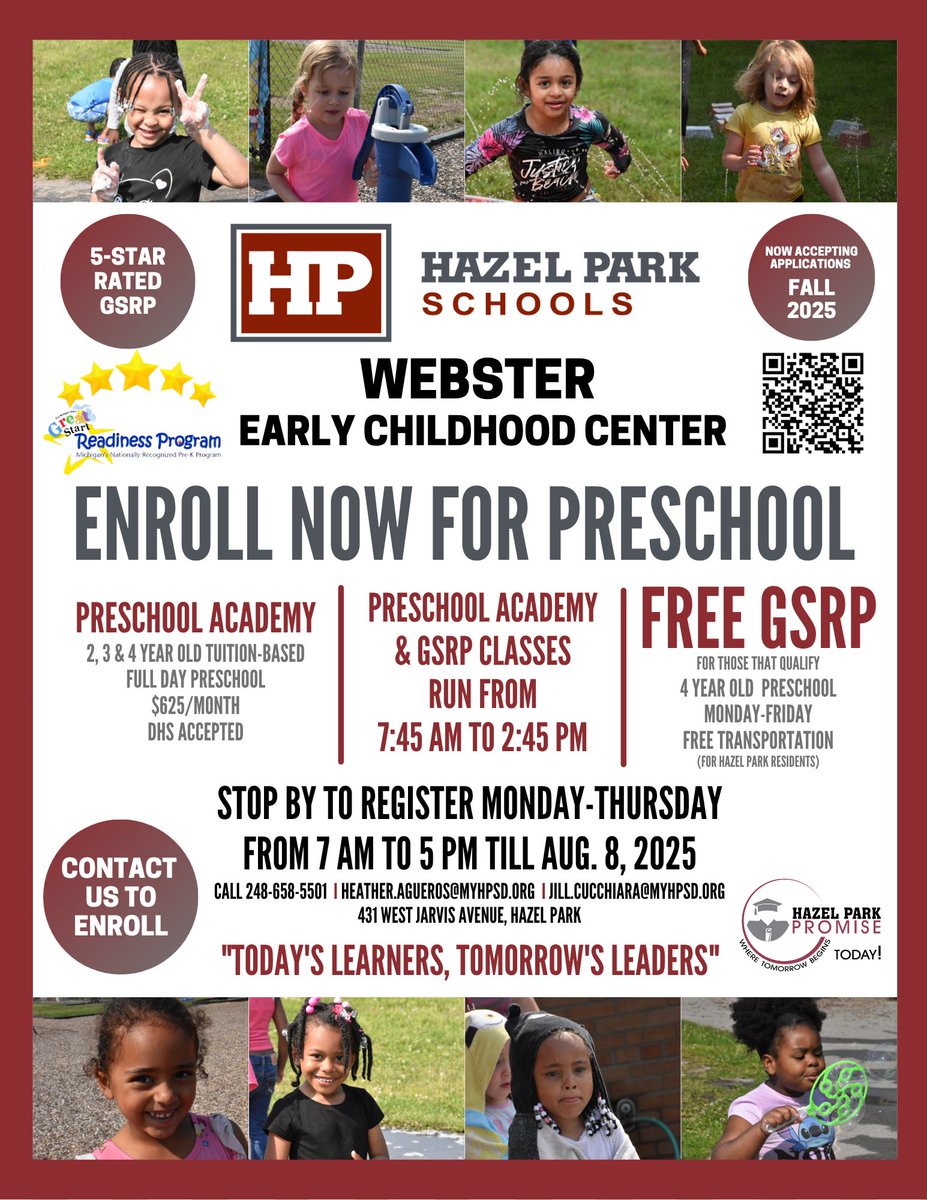 Come and be a part of the 5-Star rated Great Start Readiness Program (GSRP) at Webster Early Childhood Center!!! They're accepting registrations now in person, or it can be done online by clicking on this link -- hazelparkschools.org/enroll-now/ear…