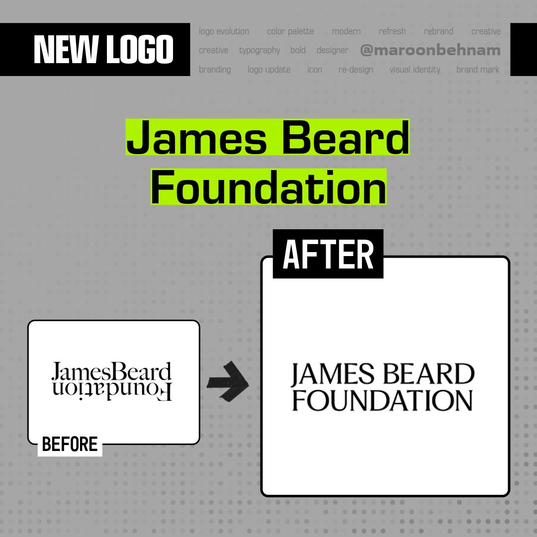 maroonbehnam's tweet image. New logo for James Beard Foundation — A refined transformation that brings elegance and balance to the forefront. The refreshed typography speaks with confidence and clarity
 #JamesBeardFoundation #LogoUpdate #BrandEvolution #DesignInspiration #RebrandSuccess #viral