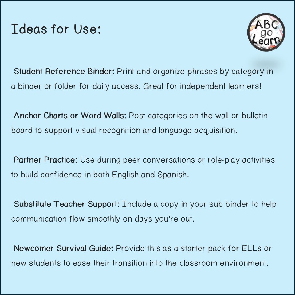 ABCgoLearn's tweet image. English/Spanish Phrases | Printable Phrases for Spanish, ESL, ELL

English/Spanish phrases, perfect for everyday communication in and out of the classroom. 
teacherspayteachers.com/Product/Englis…

#spanishteacher #learningspanish #spanishforbeginners #spanishforkids #homeschool