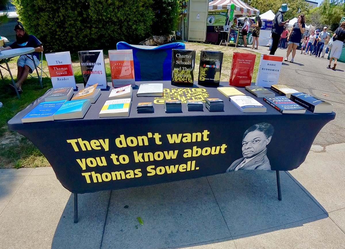 AlanWolan's tweet image. My team (me and my 3 daughters) set up a "Thomas Sowell Pop Up Shop" yesterday at a busy farmer's market here in LA. Met some great Sowell fans and also introduced many to the genius of you-know-who. Here's our table: