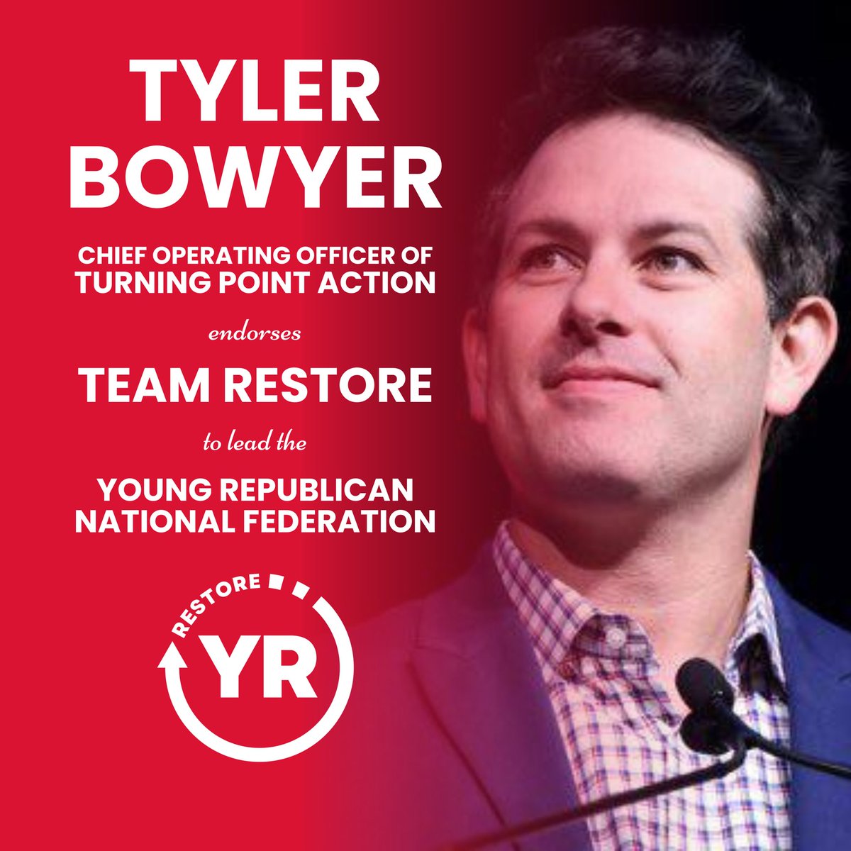 RestoreYR's tweet image. 🆕🚨 @TylerBowyer, Chief Operating Officer of @TPAction_, has endorsed @PeterGiunta and #TeamRestore to lead @YRNational!
Tyler is a nationally recognized leader in the grassroots conservative movement, serving in his role as a key player behind the nation’s largest and most…