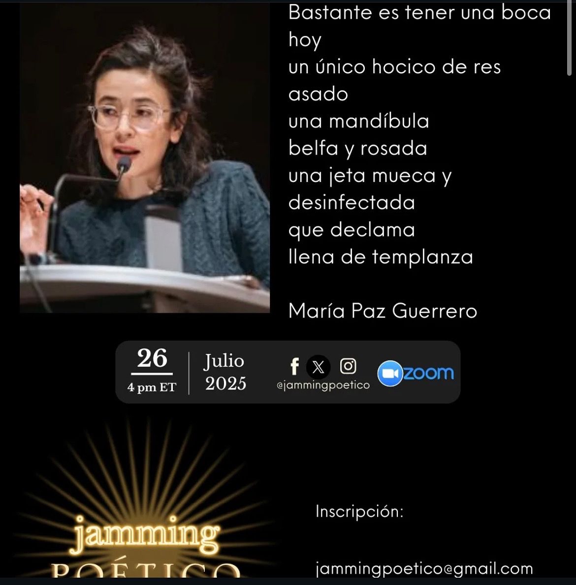 Fundación Carolina Colombia (@redcarolinacol) on Twitter photo La poeta y exbecaria de #Doctorado en Teoría de la Literatura y Literatura Comparada de @universidaddezaragoza - Fundación Carolina, @mariapazguerreroflorez , será parte del Jamming Poético este 26 de julio.
🗓️ 4:00 p.m. ET | 📍 Zoom
🎙️ Inscripciones: jammingpoetico@gmail.com La poeta y exbecaria de #Doctorado en Teoría de la Literatura y Literatura Comparada de @universidaddezaragoza - Fundación Carolina, @mariapazguerreroflorez , será parte del Jamming Poético este 26 de julio.
🗓️ 4:00 p.m. ET | 📍 Zoom
🎙️ Inscripciones: jammingpoetico@gmail.com