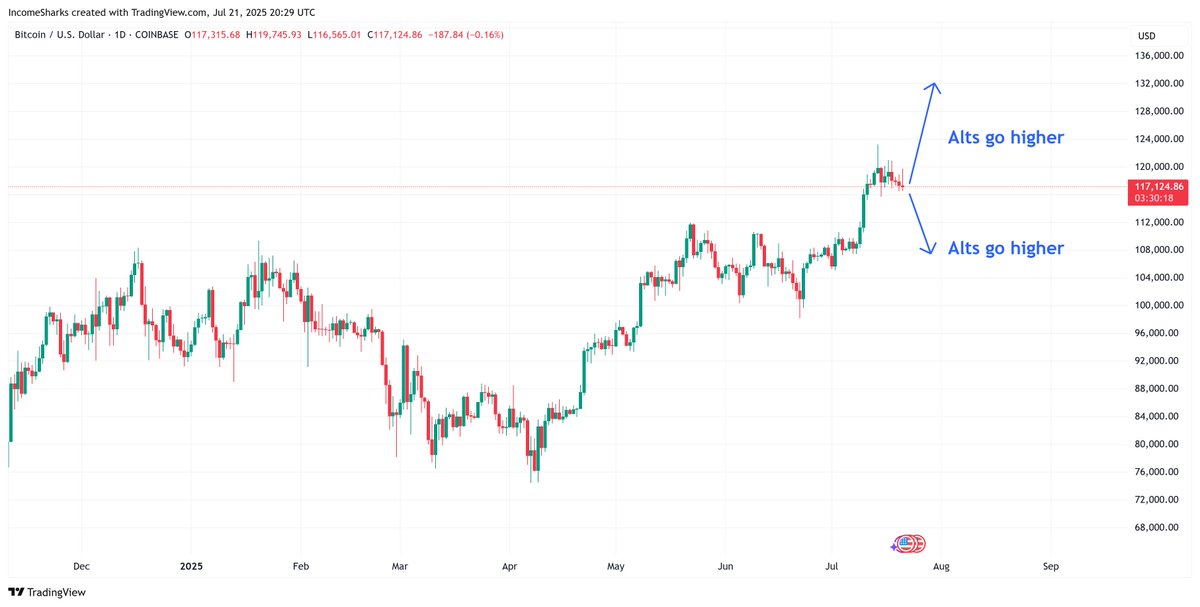 IncomeSharks's tweet image. It seems we are stuck in a position where if Bitcoin goes higher crypto keeps pumping and if it goes lower then money flows to altcoins and they keep pumping.