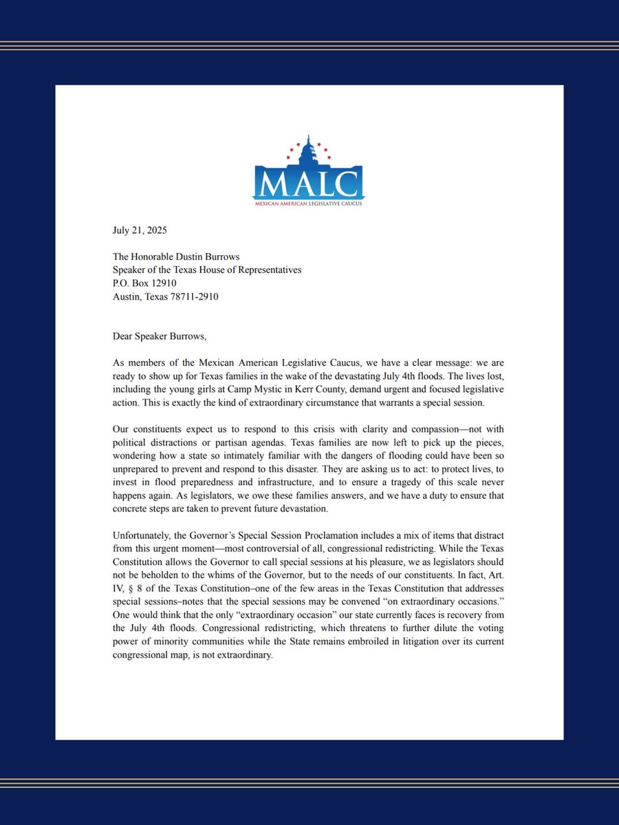 MALCTx's tweet image. MALC members sent a letter to Speaker Burrows urging the Texas House to put Texas families first by prioritizing flood relief in the special session.
Texans are still grieving and rebuilding. Our focus should be on them only. Read the full letter here. #txlege