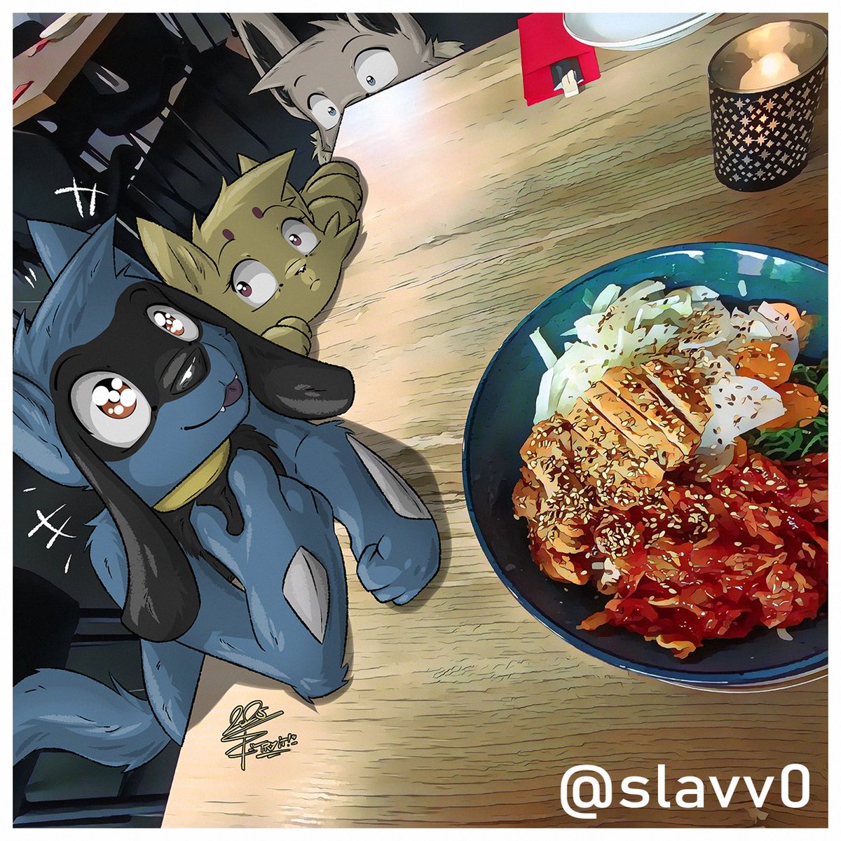 slavv0's tweet image. 'Try it'
A bowl of rice with spicy chicken and some kimchi. Riolu got a piece and I think he likes it.
#riolu #mienfoo #eevee #γͺγͺγ« #γ³γΈγ§γ #γ€γΌγγ€