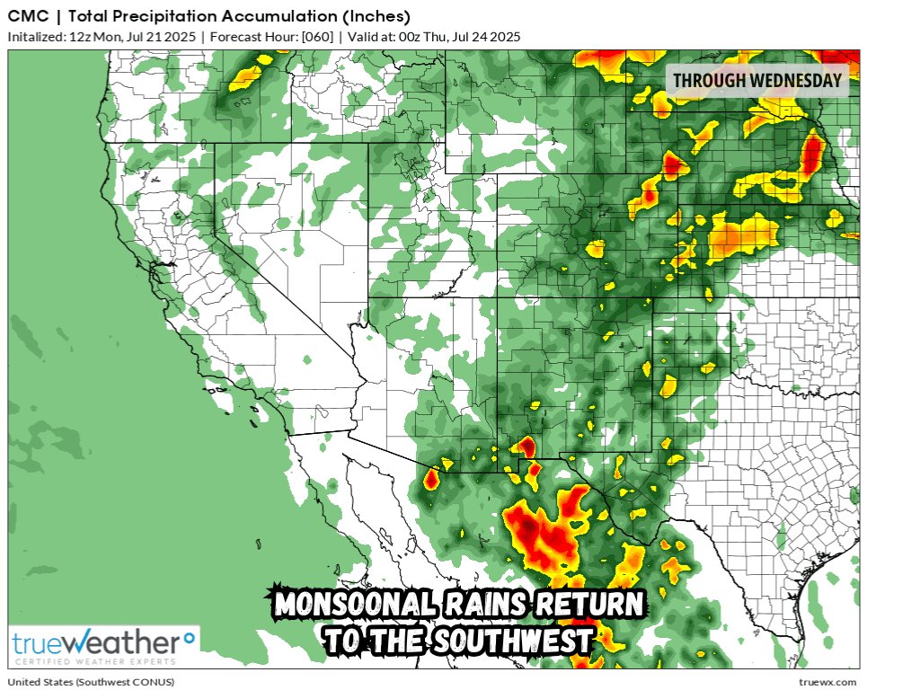 true_weather's tweet photo. Some #drought relief is expected as #monsoonal moisture moves from Mexico and impacts the #Southwest through Wednesday night. Most areas will see under 0.5" of #rain, but isolated spots could pick up over 3", leading to localized #flooding and #flashflooding.
#AZwx #NMwx #COwx https://t.co/tDupTEwL7F
