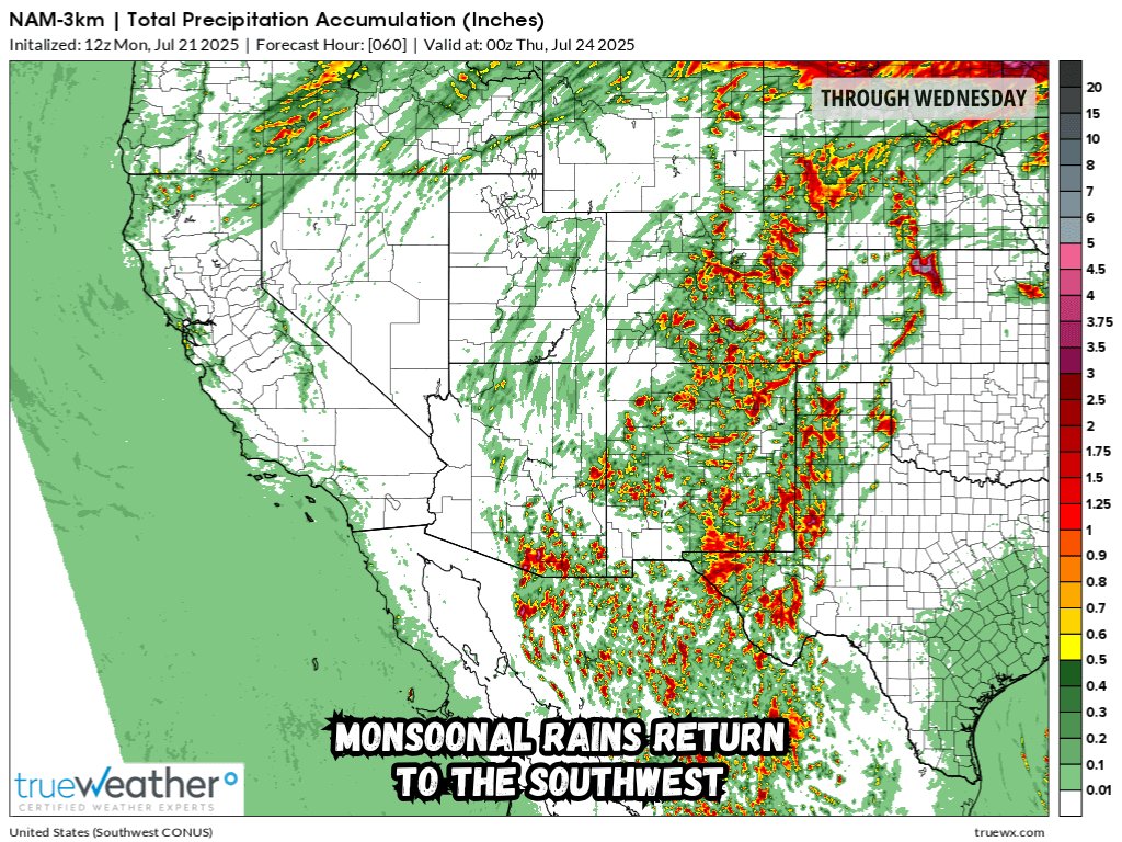 true_weather's tweet photo. Some #drought relief is expected as #monsoonal moisture moves from Mexico and impacts the #Southwest through Wednesday night. Most areas will see under 0.5" of #rain, but isolated spots could pick up over 3", leading to localized #flooding and #flashflooding.
#AZwx #NMwx #COwx https://t.co/tDupTEwL7F
