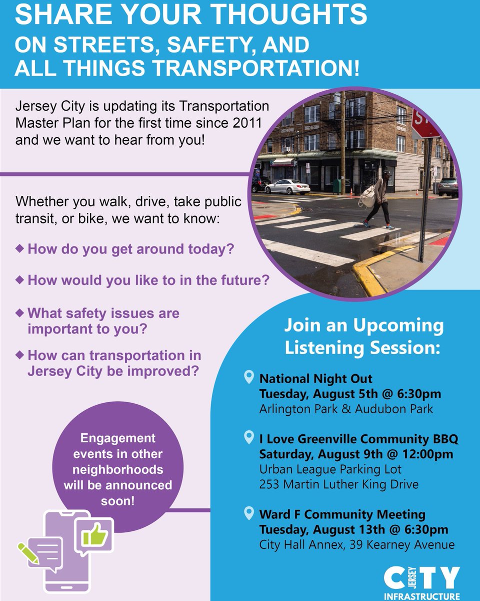 JerseyCity's tweet image. The Transportation team will host listening sessions this August as part of the City’s Transportation Master Plan update.
If you're unable to attend in person, don’t worry—there will be more opportunities to participate, including an upcoming online survey.