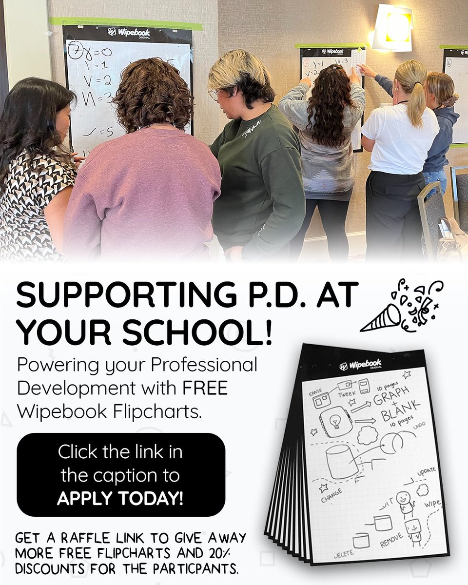 Wipebook's tweet image. 📢 Hosting a PD session this school year?
Wipebook wants to support you. We donate reusable Flipcharts to educators running PD events with 20+ participants. Please submit your request at least 2-3 weeks before the event date.
📍Apply now at wipebook.com/donationsX
✅ No cost…