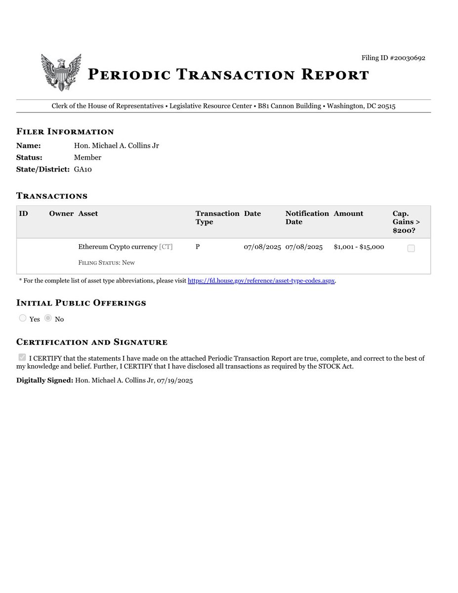 CATargetBot0001's tweet image. NEW HOUSE CAND FINANCIAL DISCLOSURE
PERIODIC TRANSACTION RPT
Michael A. Collins
#GA10
disclosures-clerk.house.gov/public_disc/pt…