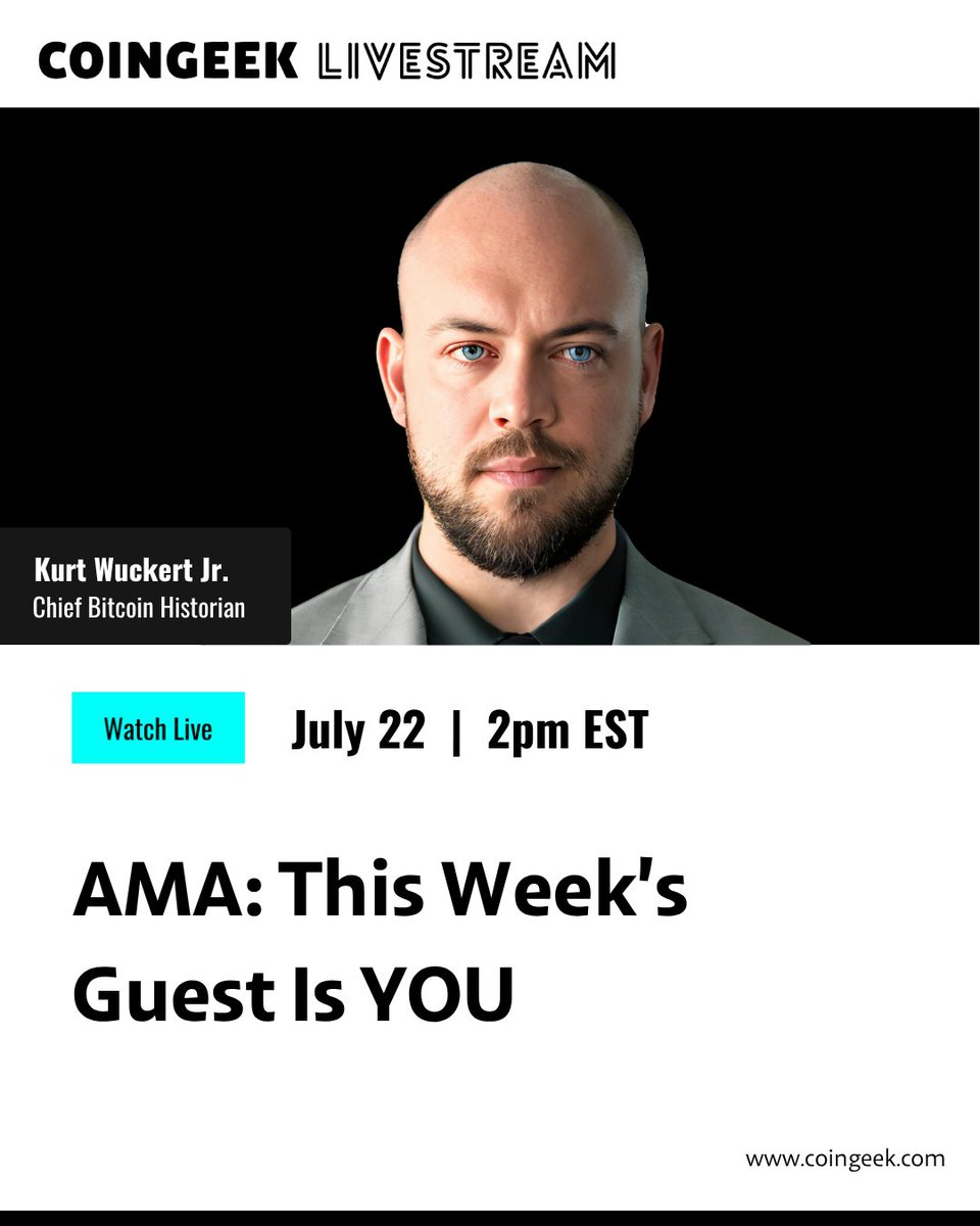 RealCoinGeek's tweet image. This Week’s Guest is YOU
Tomorrow on the #CGWeeklyLivestream, @kurtwuckertjr is back for an open AMA. Bring your questions about Bitcoin, blockchain, and the latest news in the space.
Live at 2PM ET.
#CGWeeklyLivestream #Bitcoin #Blockchain #AskKurt