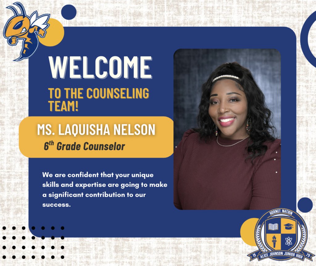 AliceJohnsonJrH's tweet image. Weβre excited to welcome Ms. LaQuisha Nelson to our school community as our new counselor! She brings a passion for student success and well-being, and weβre lucky to have her on board. ππ #HornetNation