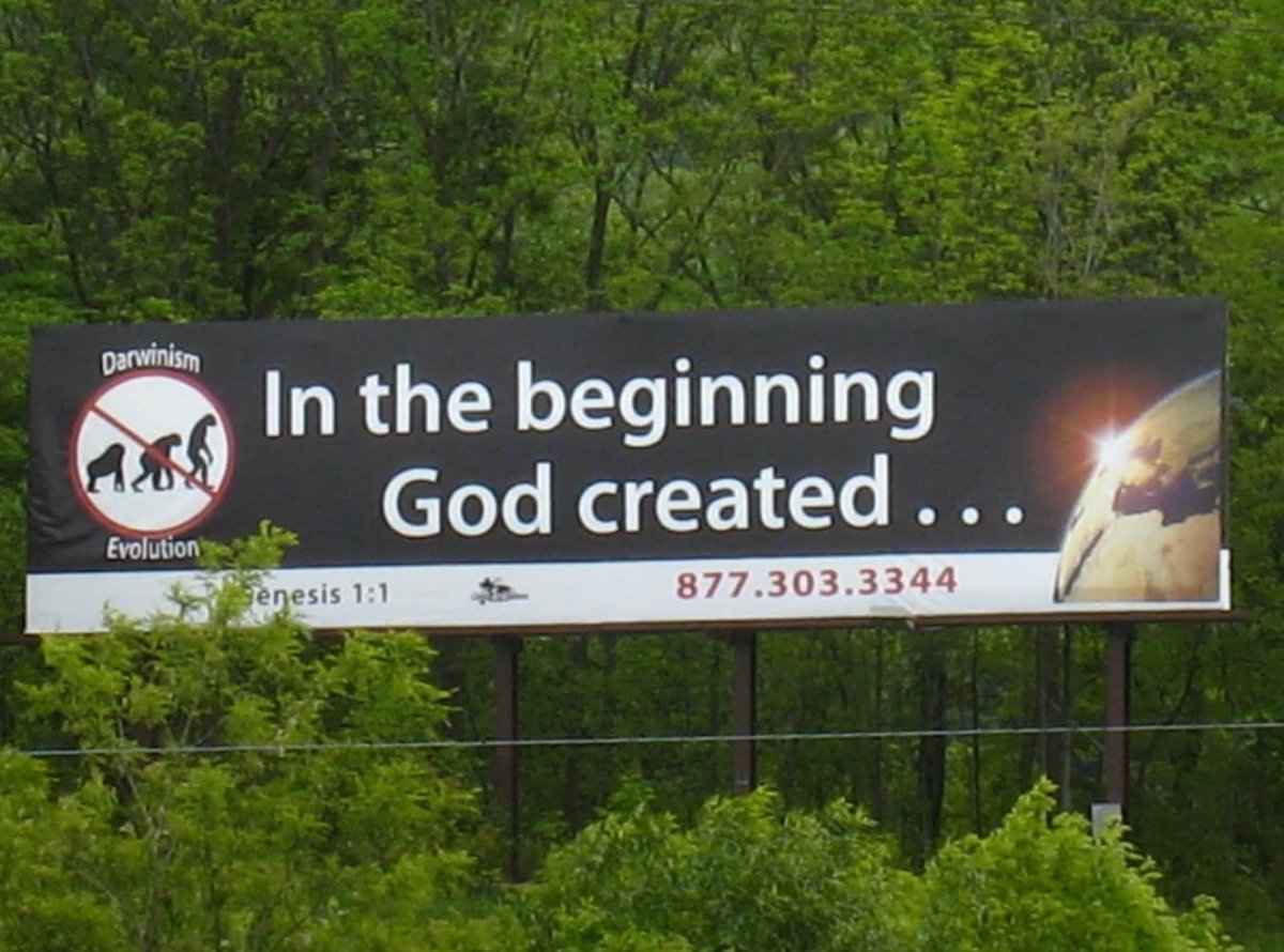 skrat___'s tweet image. One of the more interesting quirks of traveling for work is seeing these anti-evolution billboards all across south Louisiana. Like I don’t see these anywhere else have I just unlocked a new level of boonies?