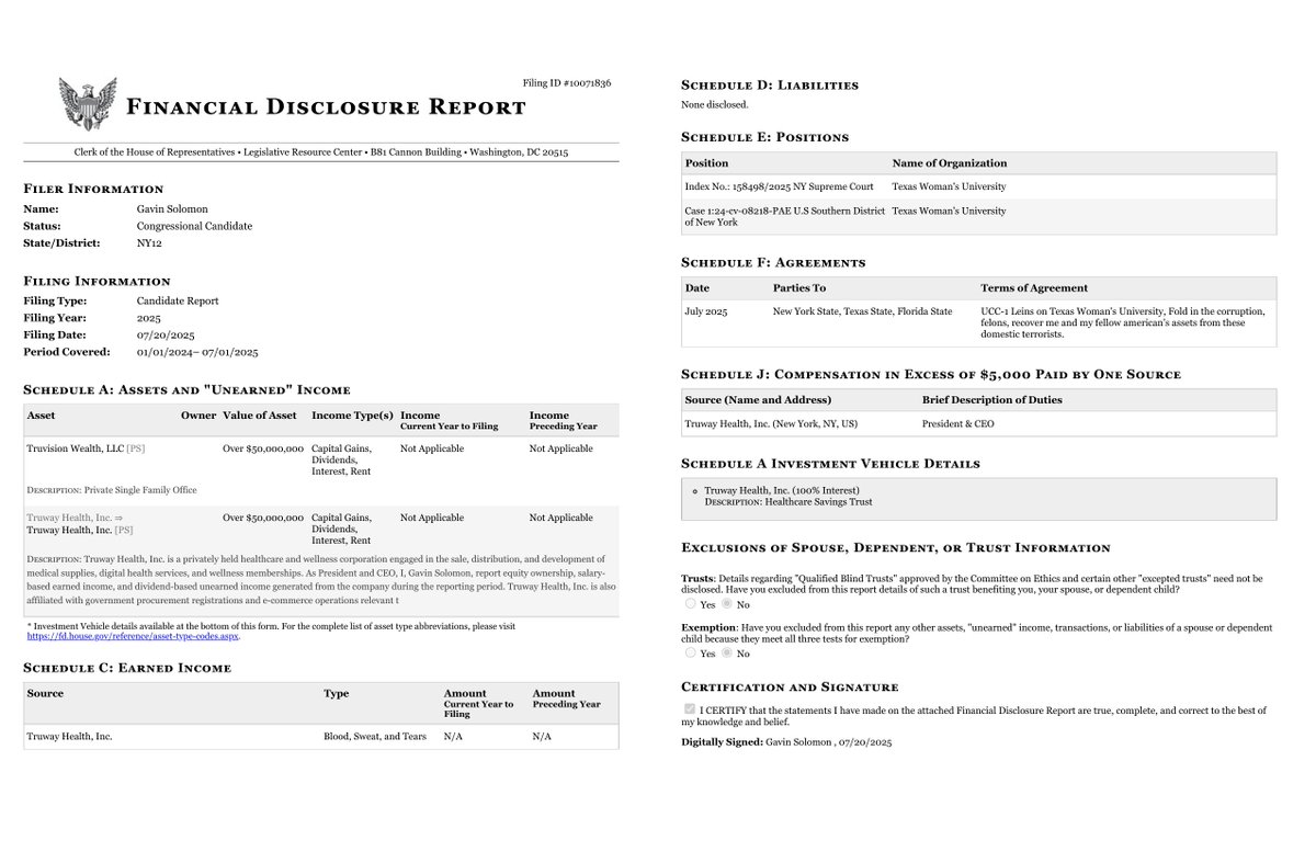 CATargetBot0001's tweet image. NEW HOUSE CAND FINANCIAL DISCLOSURE
CANDIDATE REPORT
Gavin Solomon
#NY12
disclosures-clerk.house.gov/public_disc/fi…