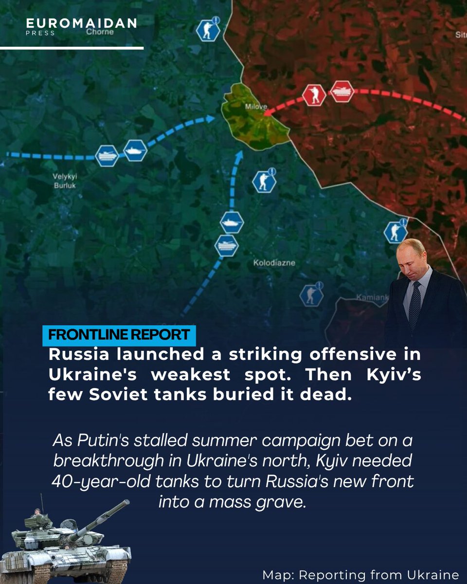 EuromaidanPress's tweet image. Russia's attempt to cosplay Kyiv's Kursk campaign crashed into Ukrainian vintage tanks. Guess who's still running?
As Putin's summer offensive stalled for months without a breakthrough, Russian commanders spotted what looked like an opportunity: Ukraine's northern defenses at…